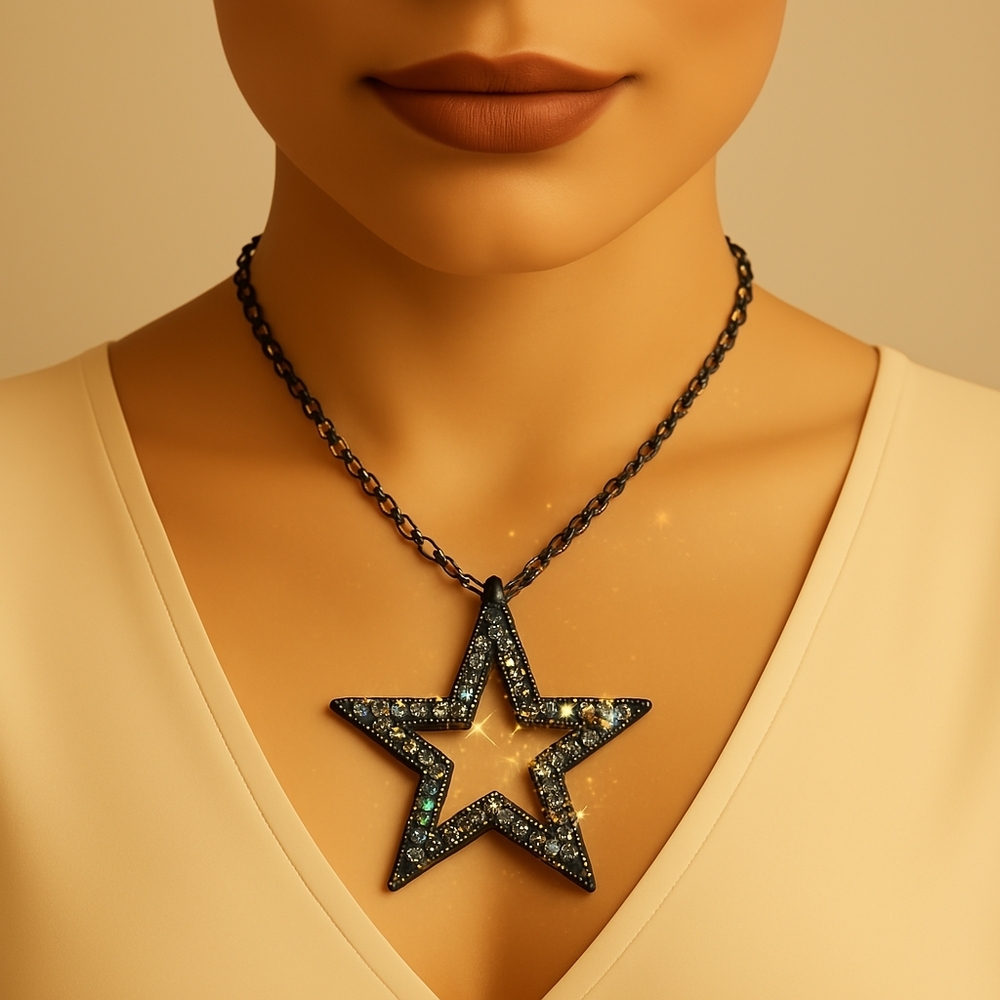 Colorful Dazzling Star Pendant on Black Chain Necklace – Women’s Fashion Jewelry
